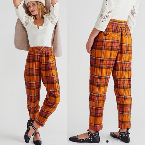 Free People Preppy Plaid Pull On Pants in Butterscotch Combo L - Picture 1 of 5